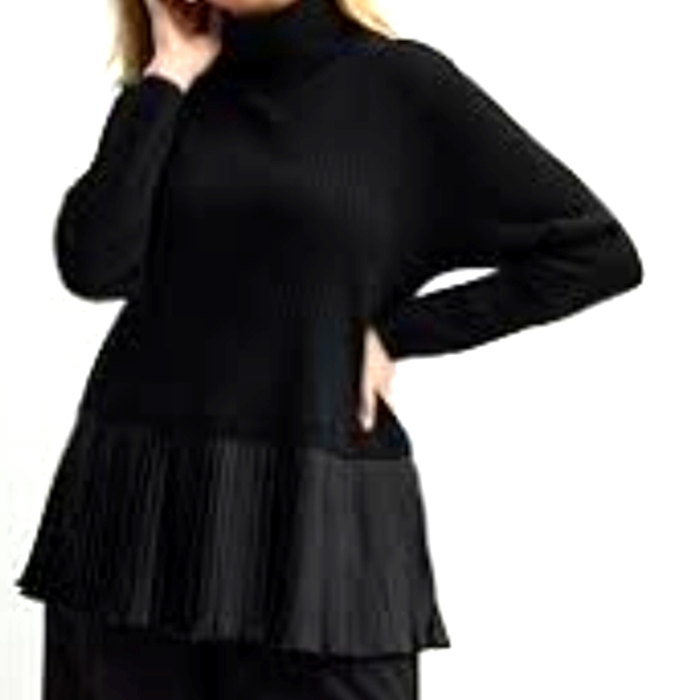 Nine West Black Turtle Neck Sweater With Pleated Hem XXL